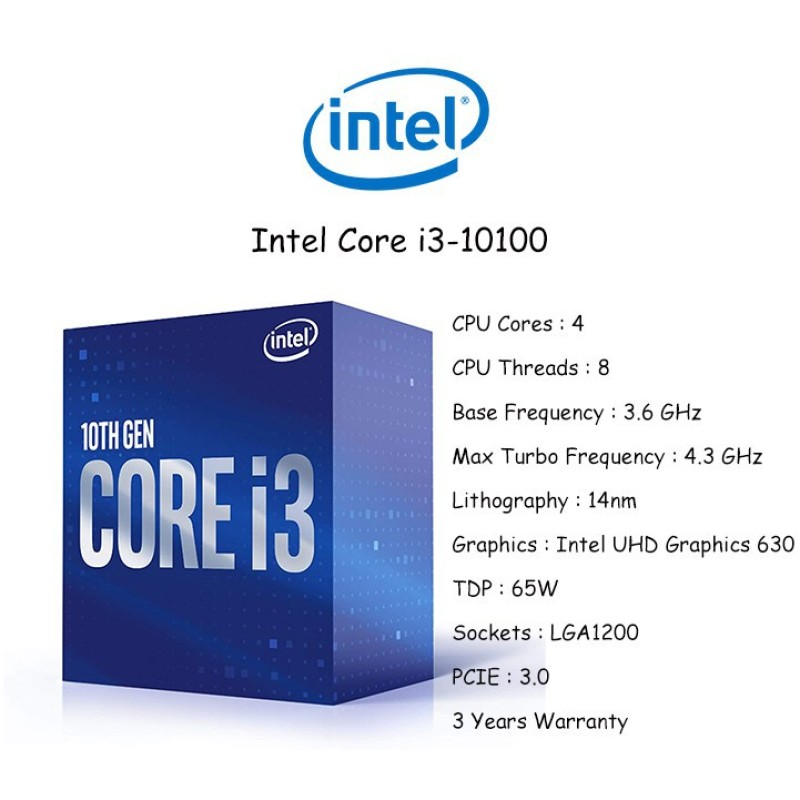 Bảng giá CPU Intel Core i3 10100 (3.60 Up to 4.30GHz, 6M, 4 Cores 8 Threads) Full box nhập khẩu Phong Vũ
