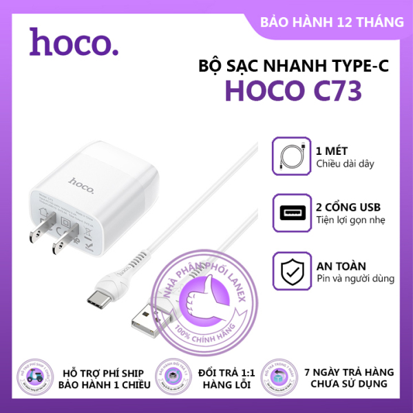 Bộ sạc nhanh Hoco C73 2 cổng USB 2.4A, dài 1m, cáp Type-C, tương thích thiết bị Android