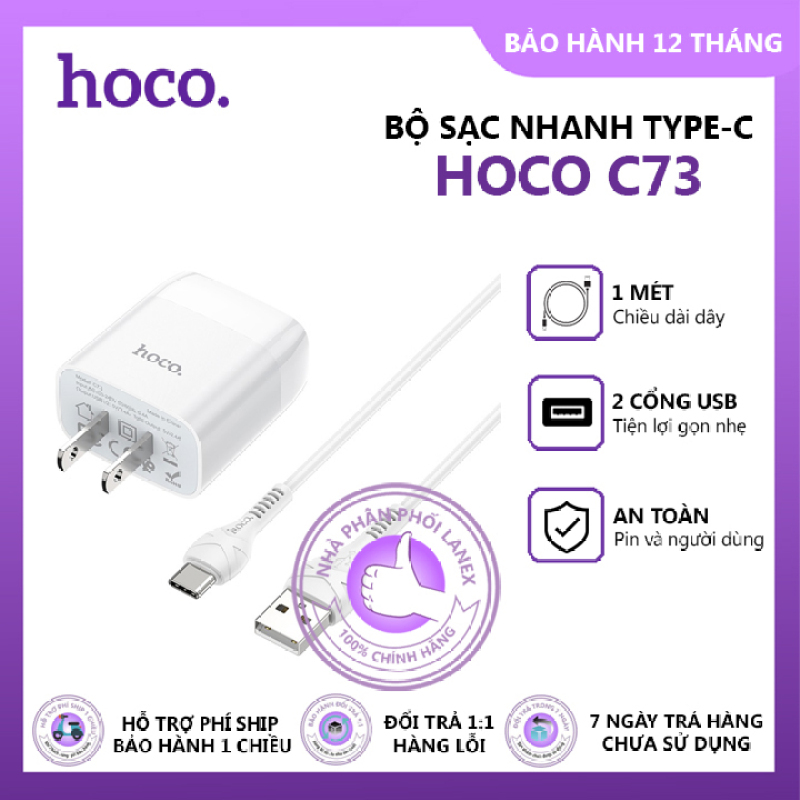 Bộ sạc nhanh Hoco C73 2 cổng USB 2.4A, dài 1m, cáp Type-C, tương thích thiết bị Android