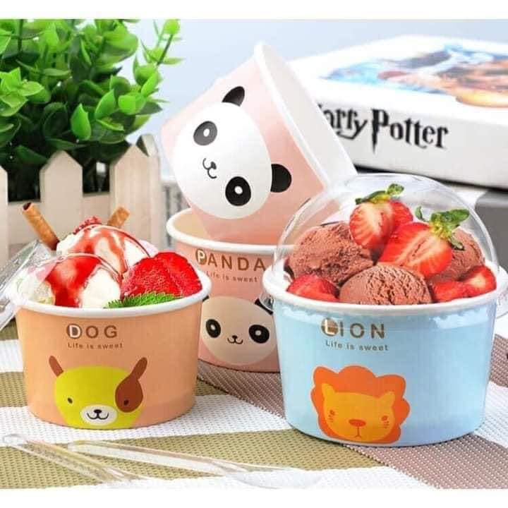 Set 100 Cốc cừu có nắp, cốc giấy đựng kem nắp cầu, ly giấy dùng 1 lần đựng kem