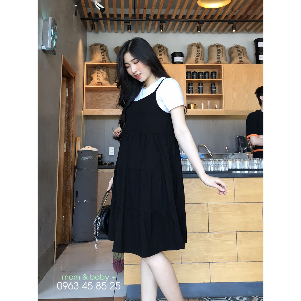 Set yếm bầu công sở babydoll đen phối áo trắng