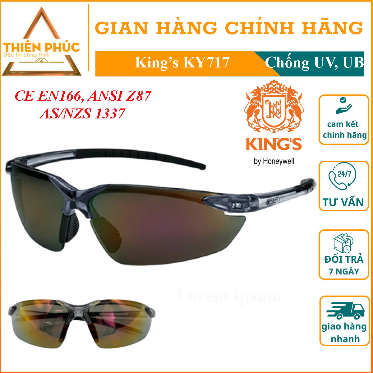 Kính bảo hộ Kings KY717- Kính bảo hộ chống tia UV, chống trầy, chống bám hơi nước