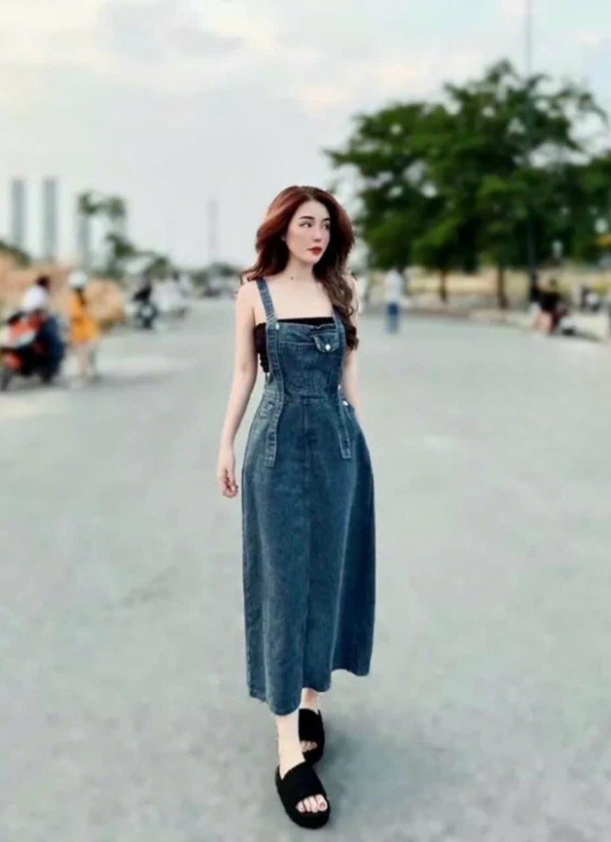 Đầm yếm Nữ form dài, chất Jeans dày mịn - Có tặng kèm áo ống
