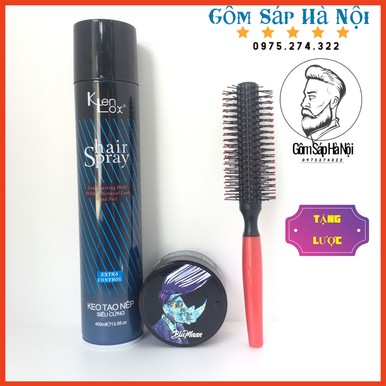 Gôm xịt tóc siêu cứng kenlox xanh + sáp tạo kiểu tóc bluman tê giác xanh + lược tròn