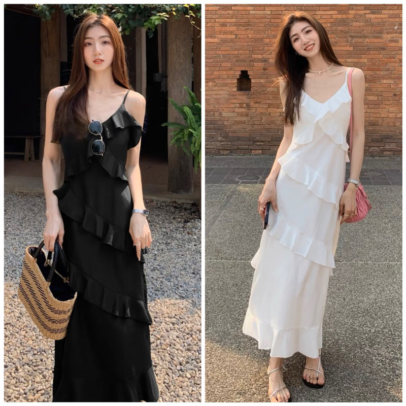 Đầm maxi hai dây phối bèo 2 màu