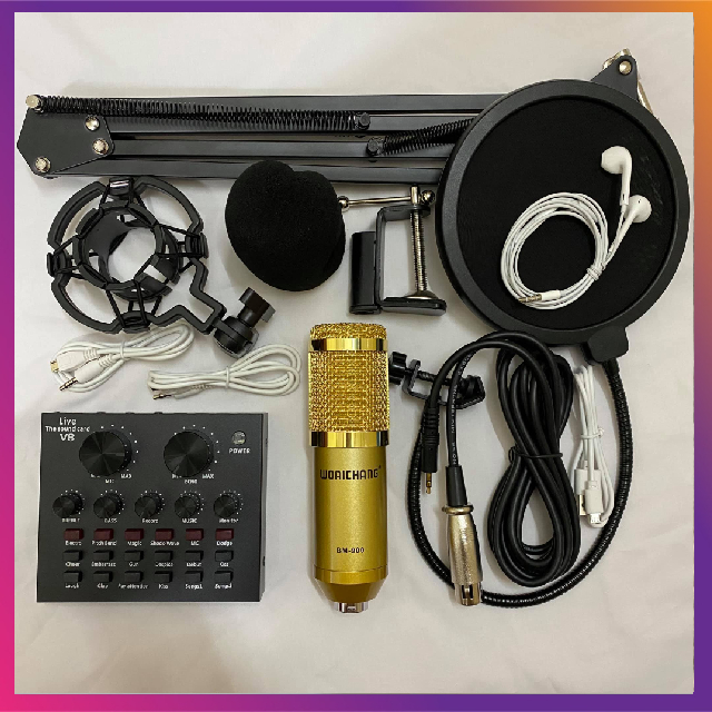 Bộ combo mic thu âm soundcard v8 aqta chính hãng bluetooth + mic karaoke livetream bm 900, có autotune chuẩn phòng thu