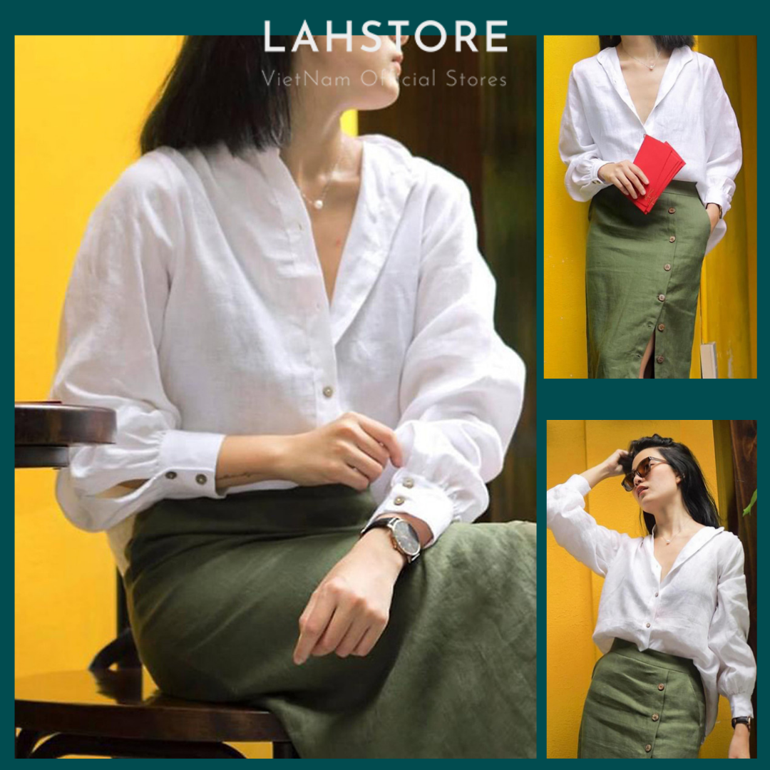 Áo sơ mi nữ form rộng dài tay slinen, chất linen tưng, cổ tàu asmtn01