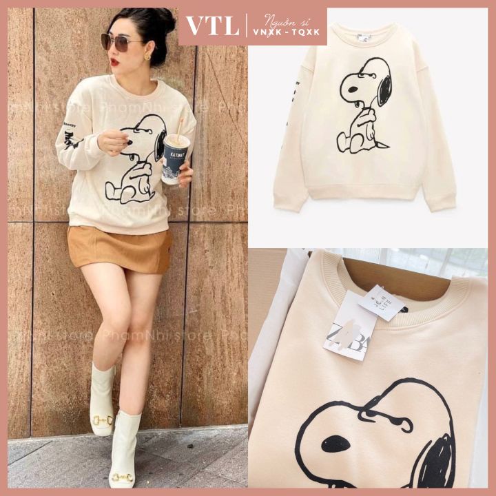 Áo nỉ bông be Snoopy form rộng (ảnh thật + clip)