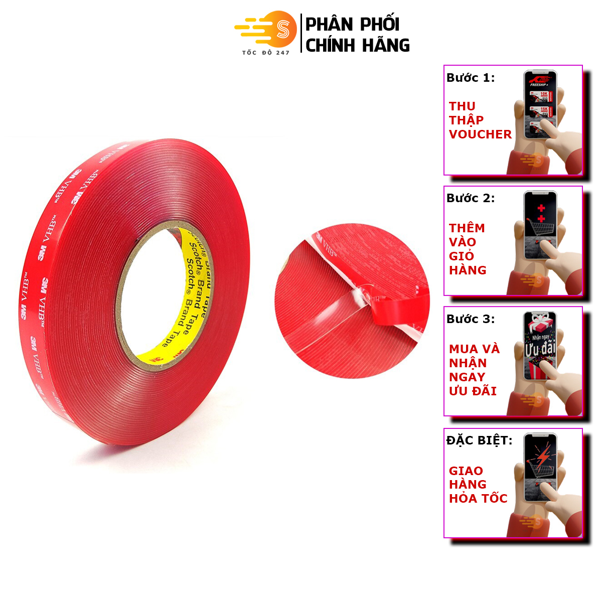 Băng keo cường lực trong suốt 3M khổ 24mm x 11m VHB 4905-2411 - Tốc Độ 247