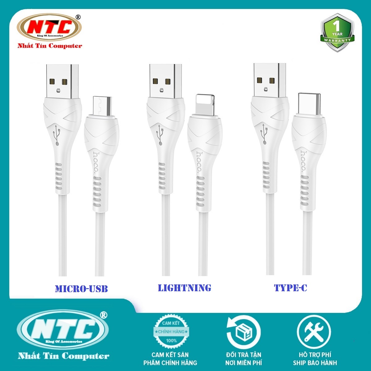 Cáp sạc và truyền dữ liệu Hoco X37 Cool power 3 cổng sạc tùy chọn (Micro-USB / Lightning / Type-C) dài 1M (Trắng) - Nhất Tín Computer