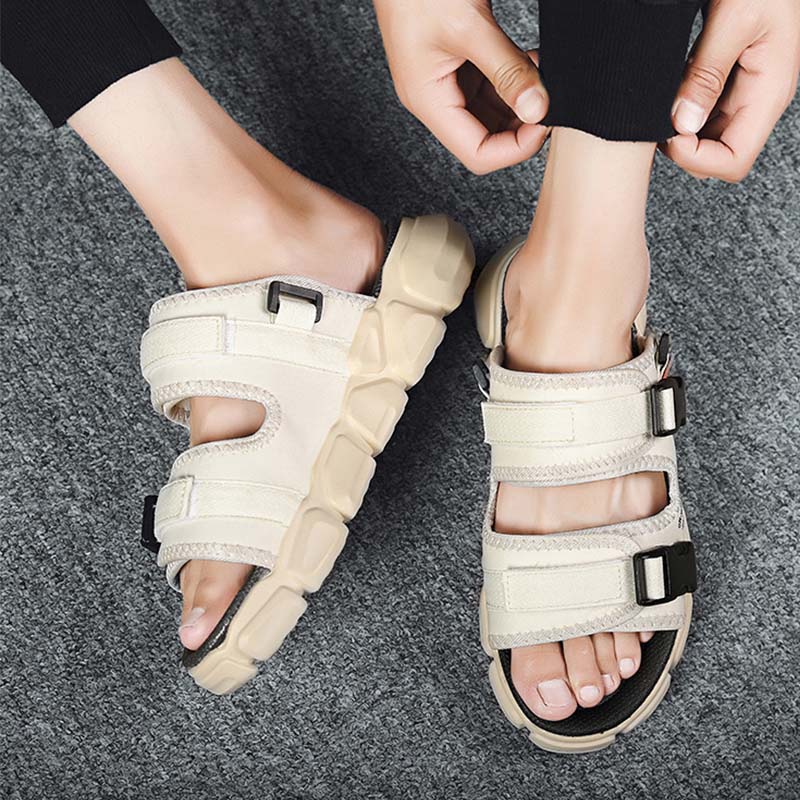 Dép nam đi biển 2 quai Velcro, dép co giãn có thể điều chỉnh, dép đế dày phẳng, dép thời trang mùa hè