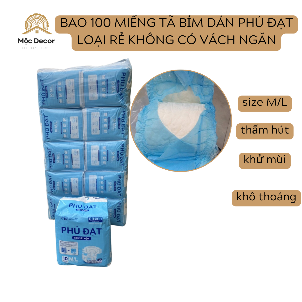 Combo 10 bịch bỉm dán người già Phú Đạt (100 miếng)