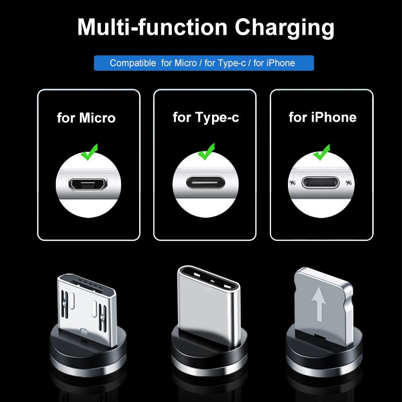[FREESHIP]Cáp sạc LED nam châm 3 đầu MICRO USB/ LIGHTNING/ TYPE-C (1 cáp nam châm+ 3 đầu sạc)- BẢO HÀNH 12 THÁNG