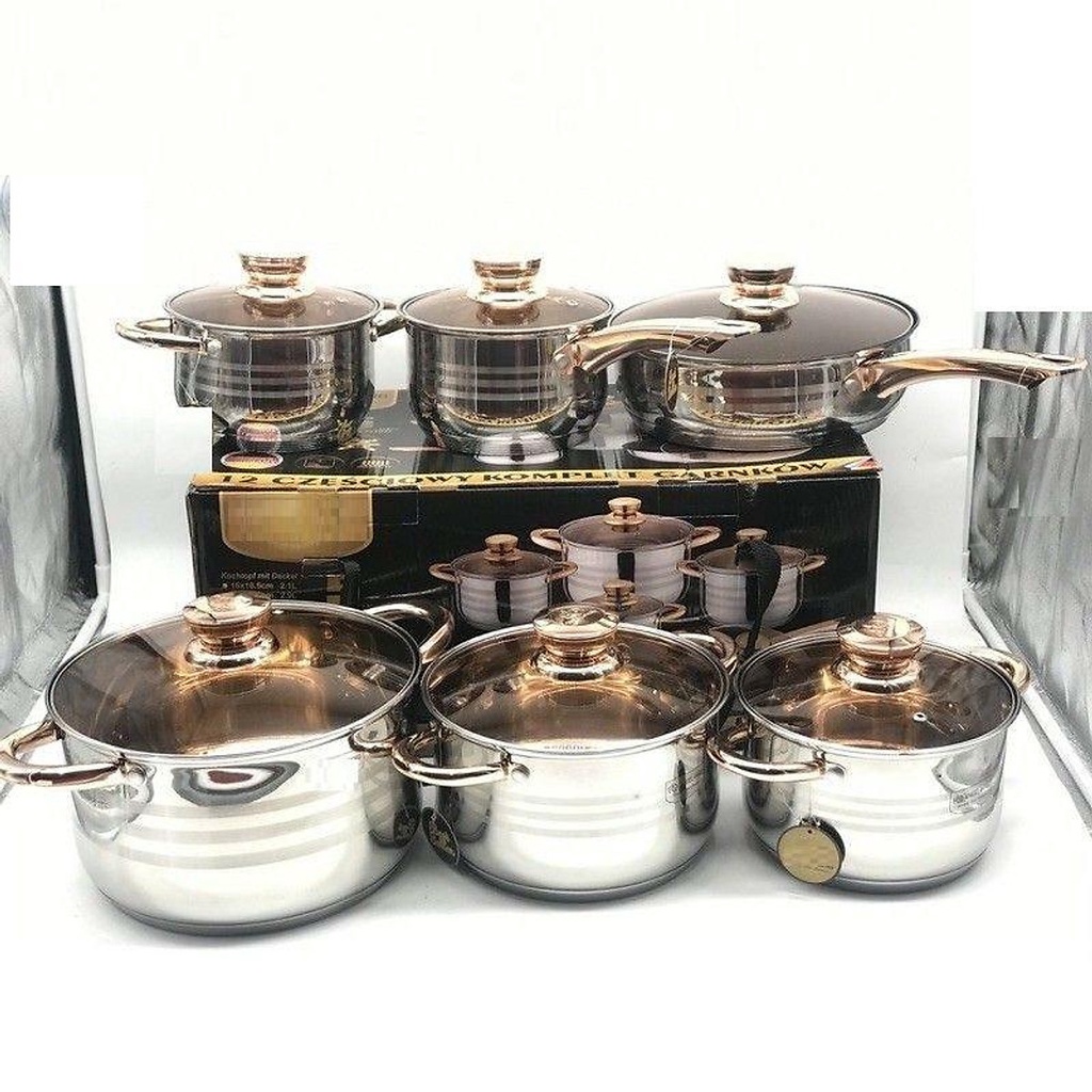 BỘ NỒI 6 MÓN 12 CHI TIẾT ANGELBERG 8013 ĐÁY TỪ 5 LỚP VUNG KÍNH