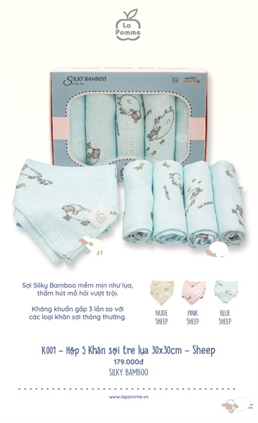 Set 5 khăn sữa LAPOMME sợi tre lụa (30*30) đủ màu - chính hãng