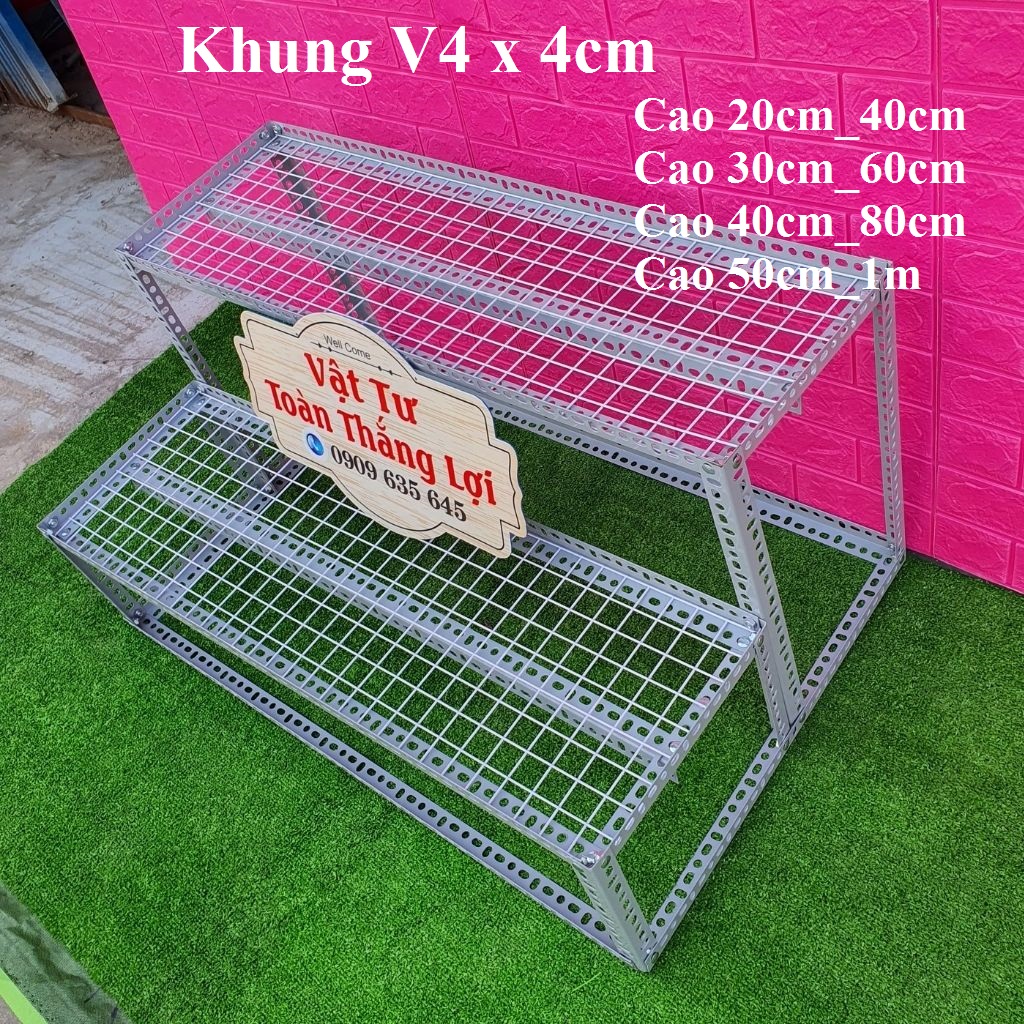 Kệ sắt v lỗ bậc thang v4x4cm, kệ sắt v lỗ đa năng cao 20_40cm, cao 30_60cm, cao 40_80cm, cao 50cm_1m
