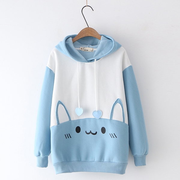 ÁO HOODIE NỈ NỮ IN HÌNH THỎ, PHỐI MŨ TAI THỎ DỄ THƯƠNG