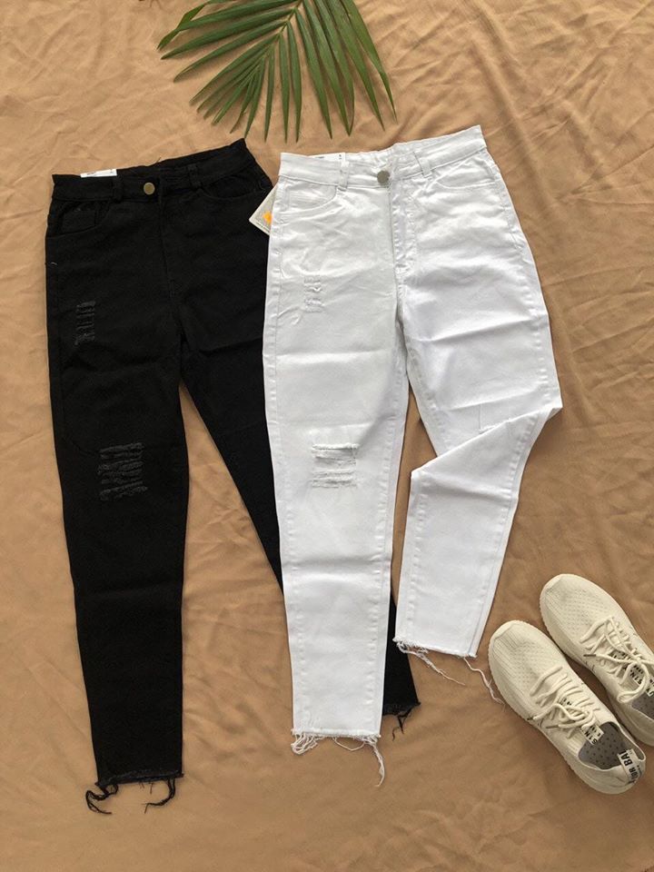 quần jean nữ rách bụi dáng baggy co giãn ( màu trắng -đen)