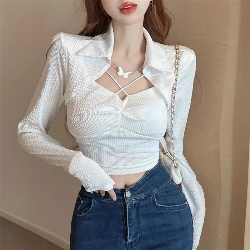 Áo thun gân len cổ sơ mi cổ vuông chéo dây sexy gợi cảm
