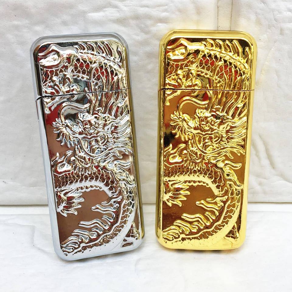 [Hcm]Embossed Stone Gas Lighter with Golden - Silver Dragon Shape