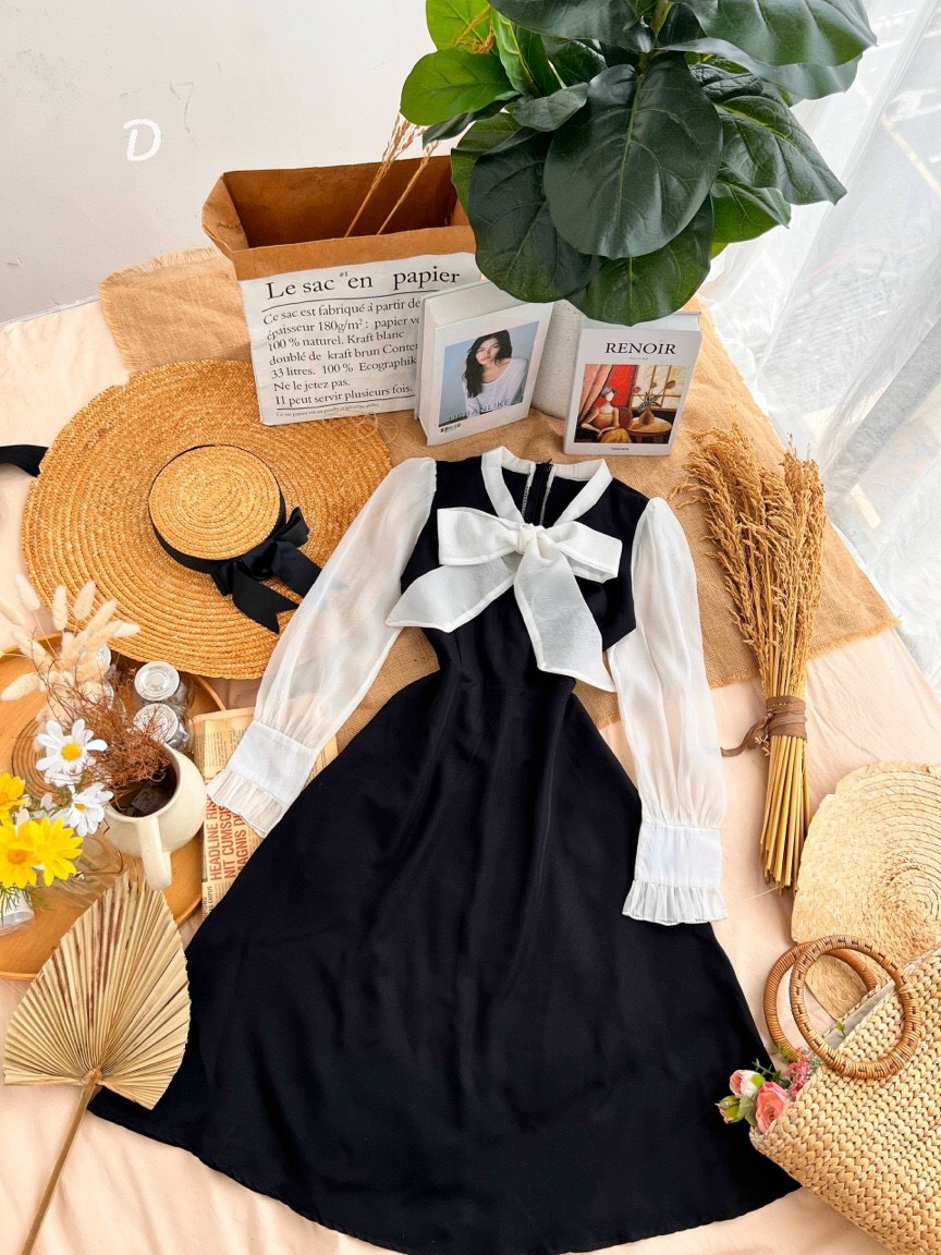 Đầm ULZZANG TAY DÀI ĐÍNH NƠ SIÊU DỄ THƯƠNG