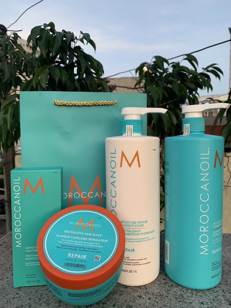 Bộ dầu gội và xả + hấp + tinh dầu phục hồi tóc moroccanoil moisture repair