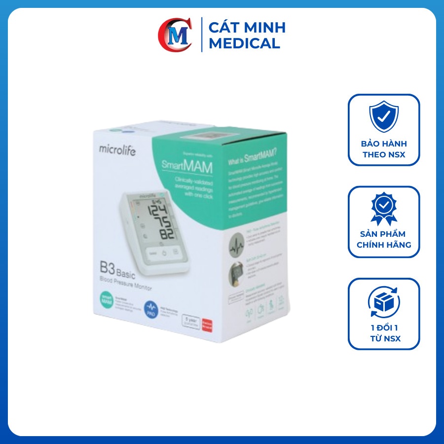 Máy đo huyết áp bắp tay Microlife B3 Basic - Công nghệ PAD phát hiện rối loạn nhịp tim, SmartMAM thông minh đo 2 lần cho kết quả chính xác
