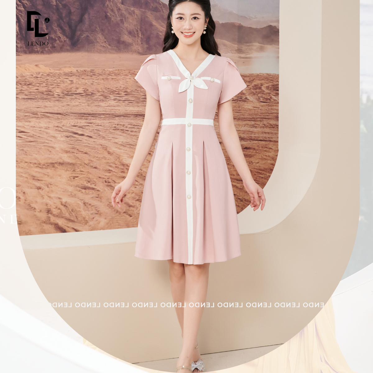 Váy Dáng Xòe Phối Nẹp Cổ Nơ LENDO V230312