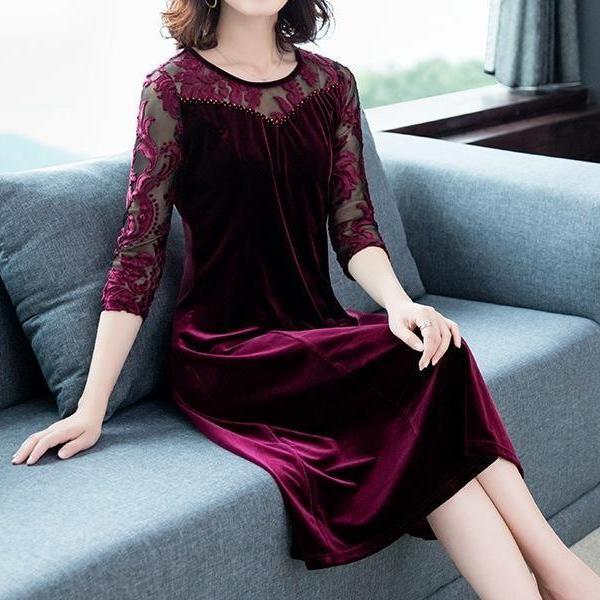 [HCM]Đầm Trung niên nhung phối ren cao cấp