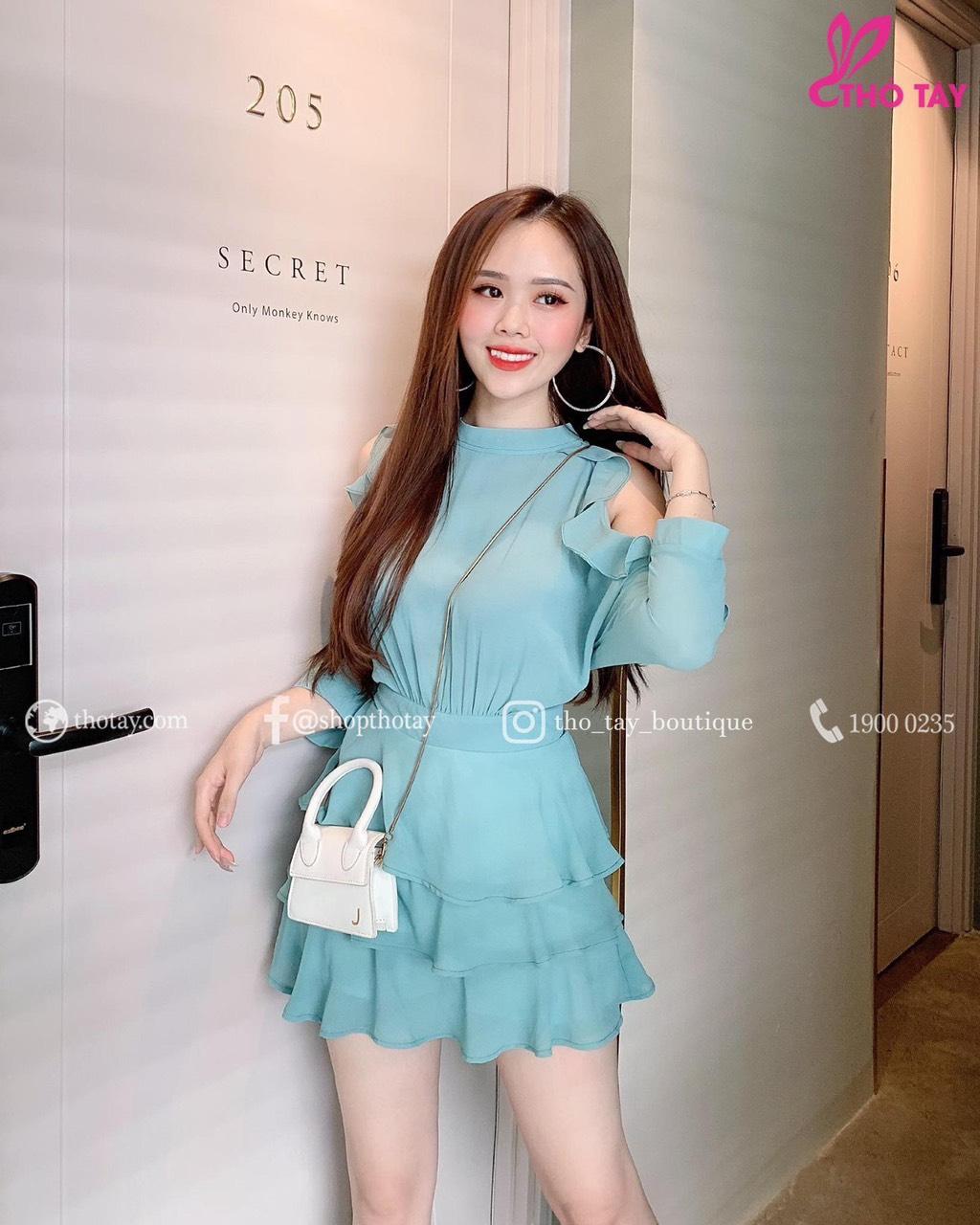Đầm tầng hở vai lụa chéo-QH