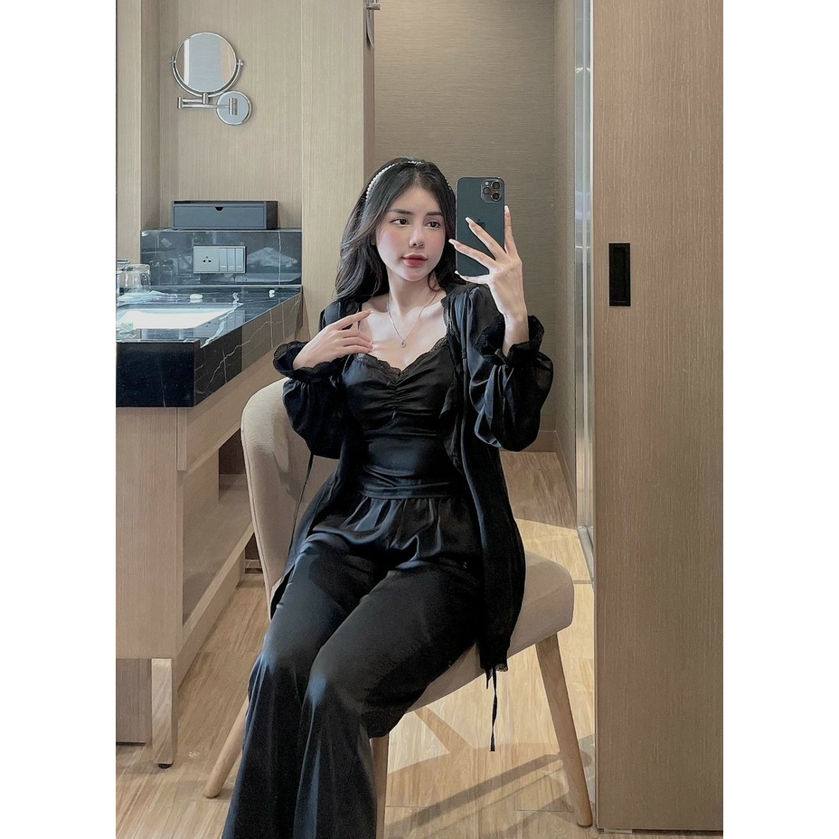 Set Pijama Tiểu Thư Cao Cấp Combo 3 Món Lụa Latin - Đồ Ngủ Nữ Đồ Bộ Freesize
