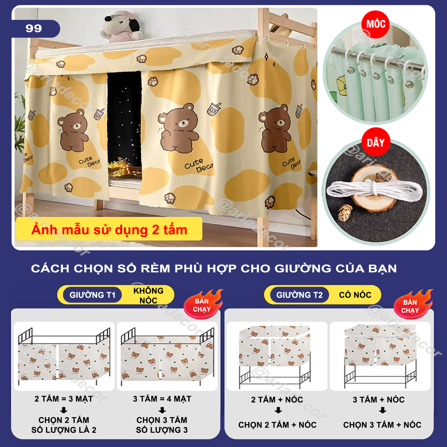 Rèm ký túc xá sinh viên ARIA DECOR, ktx giường tầng, màn giường, che ánh sáng tạo không gian riêng tư cho nam và nữ