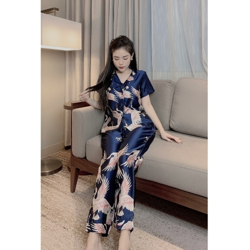 Bộ Pizama lụa Satin - 💖Bộ lụa họa tiết con hạc tay Cộc - Quần Dài