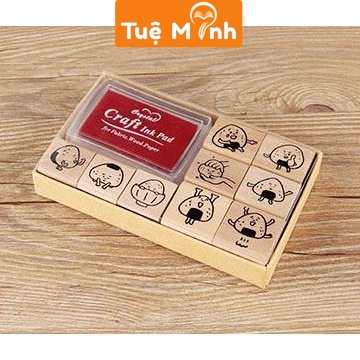 Bộ 9 con dấu gỗ hình Mèo Dễ Thương kèm hộp mực đóng dấu trang trí sổ và thiệp
