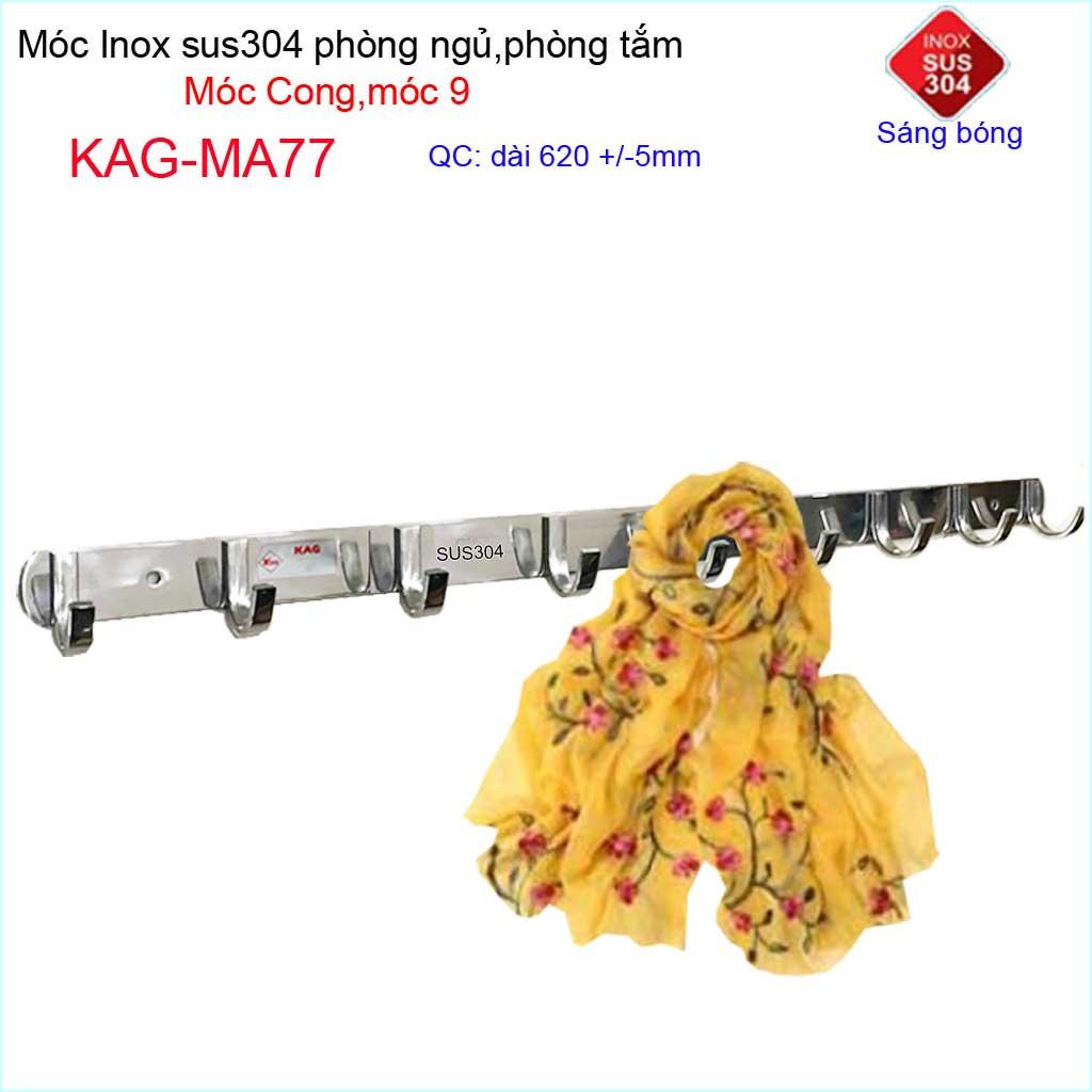 Móc cong treo quần áo inox 304 cao cấp dày, móc Inox Kace 9 móc treo đồ nhà tắm KAG-MA77