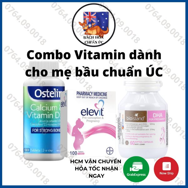 Combo Vitamin cho Mẹ Bầu chuẩn Úc bổ sung sức khỏe toàn diện cả thai kì mẹ tròn con vuông được BS khuyên dùng (Elevit + DHA + Canxi+sắt)