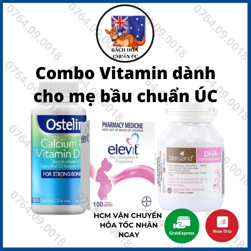 Combo Vitamin cho Mẹ Bầu chuẩn Úc bổ sung sức khỏe toàn diện cả thai kì mẹ tròn con vuông được BS khuyên dùng (Elevit + DHA + Canxi+sắt) nhập khẩu