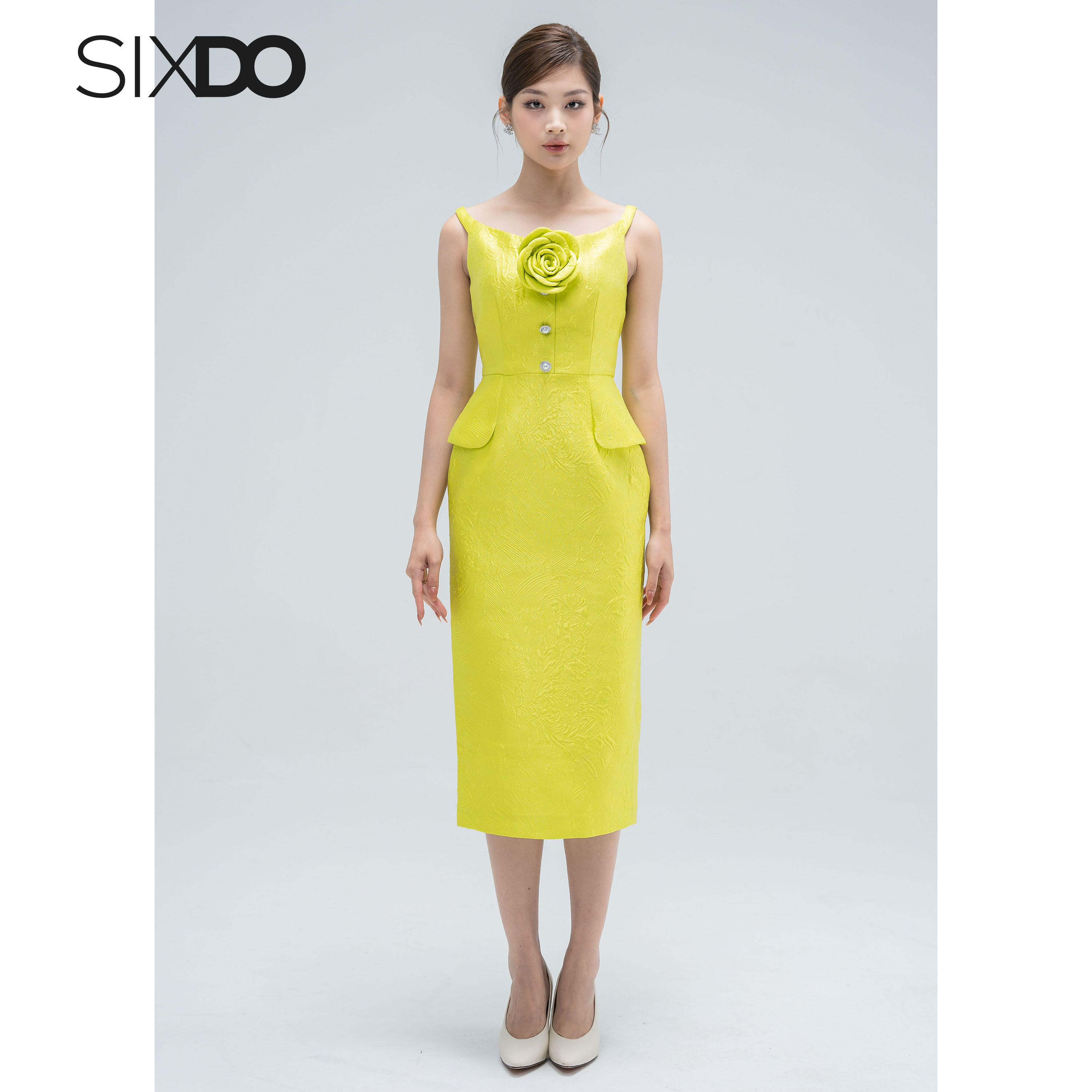 Đầm gấm trễ vai dáng bút chì thời trang SIXDO