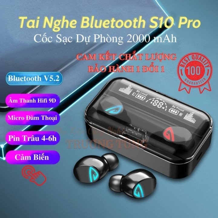 Tai nghe bluetooth V5.2 S10 Pro cao cấp, cảm ứng vân tay, hỗ trợ đàm thoại, nghe nhạc 10h, kiêm sạc dự phòng 2200mAh  - Bảo hành 1 ĐỔI 1.