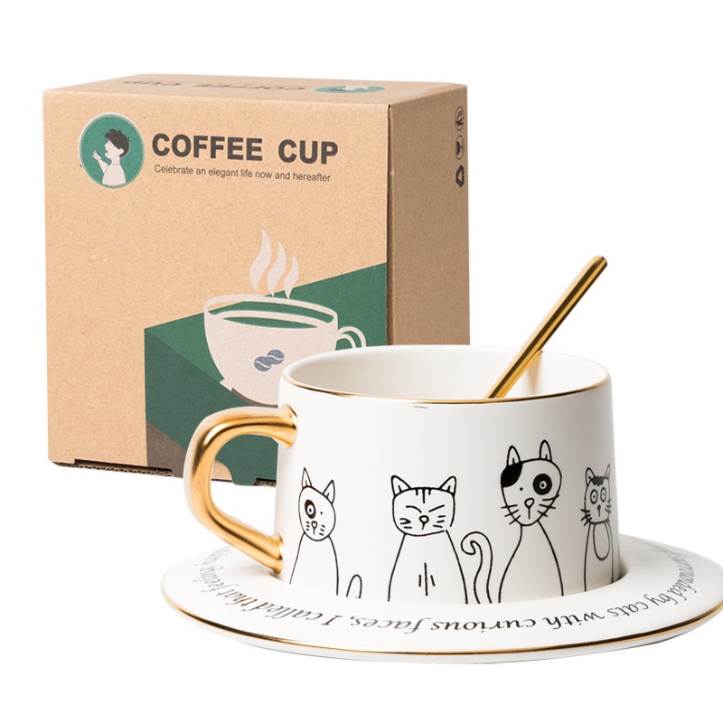 Set cốc sứ và đĩa uống cafe có kèm thìa in hình mèo 250ml