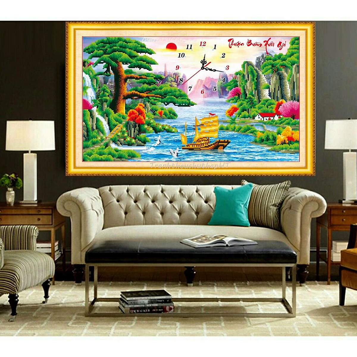 Tranh đính đá Phong cảnh quê hương KT 90*52cm, tranh đính đá quê hương, tranh đính đá làng quê, tranh đính đá đồng quê, tranh đính đá đẹp, tranh đính đá