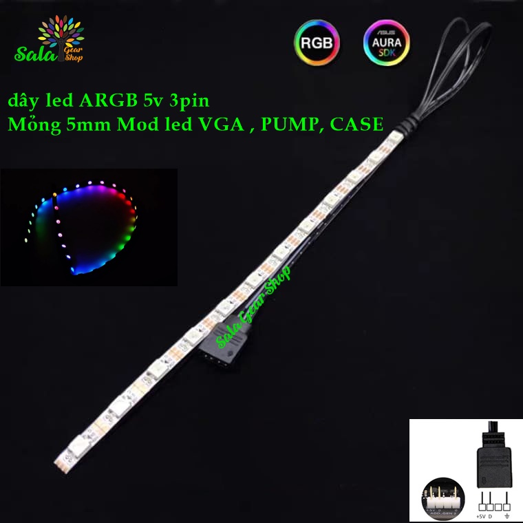 Dây led RGB Mỏng 5mm dài 20cm 5v 3Pin dành cho máy tính