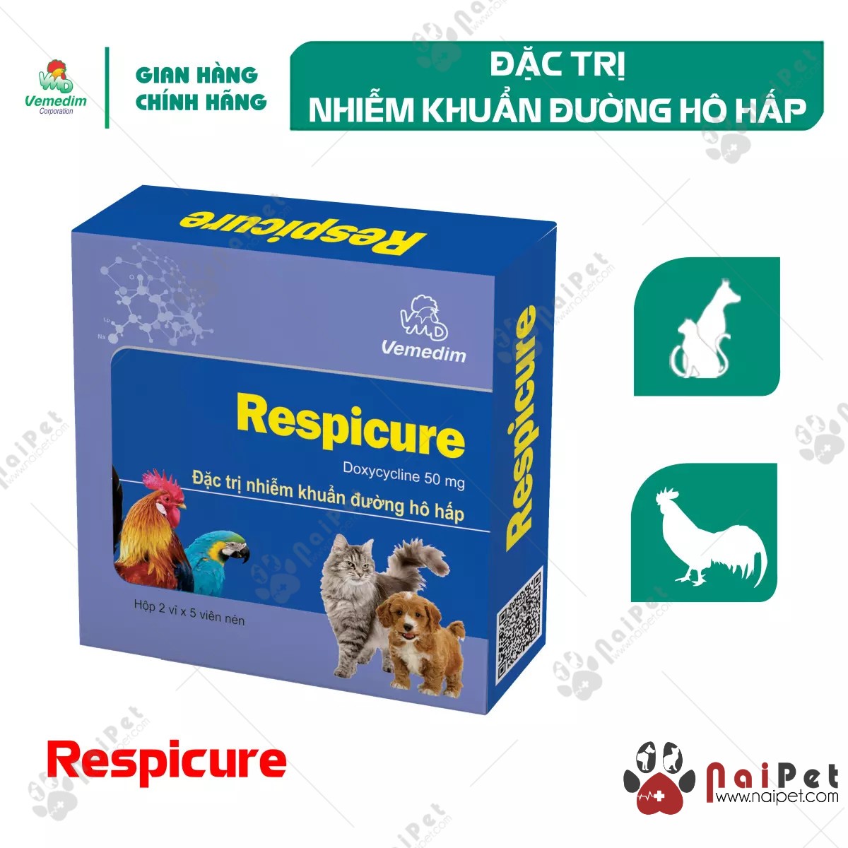 Dùng cho chó mèo chim cảnh gà đá nhiễm khuẩn đường hô hấp vemedim respicure - hộp 10 viên