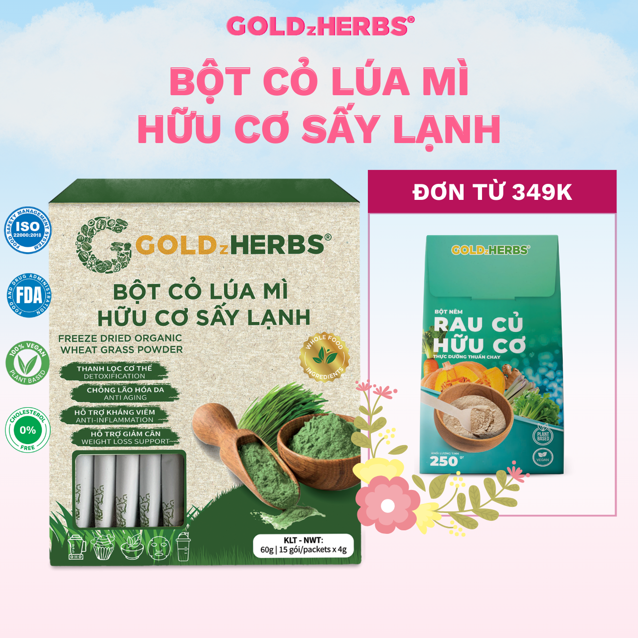 Bột cỏ lúa mì hữu cơ sấy lạnh GoldzHerbs, 100% nguyên chất - Hộp 15 gói x 4g
