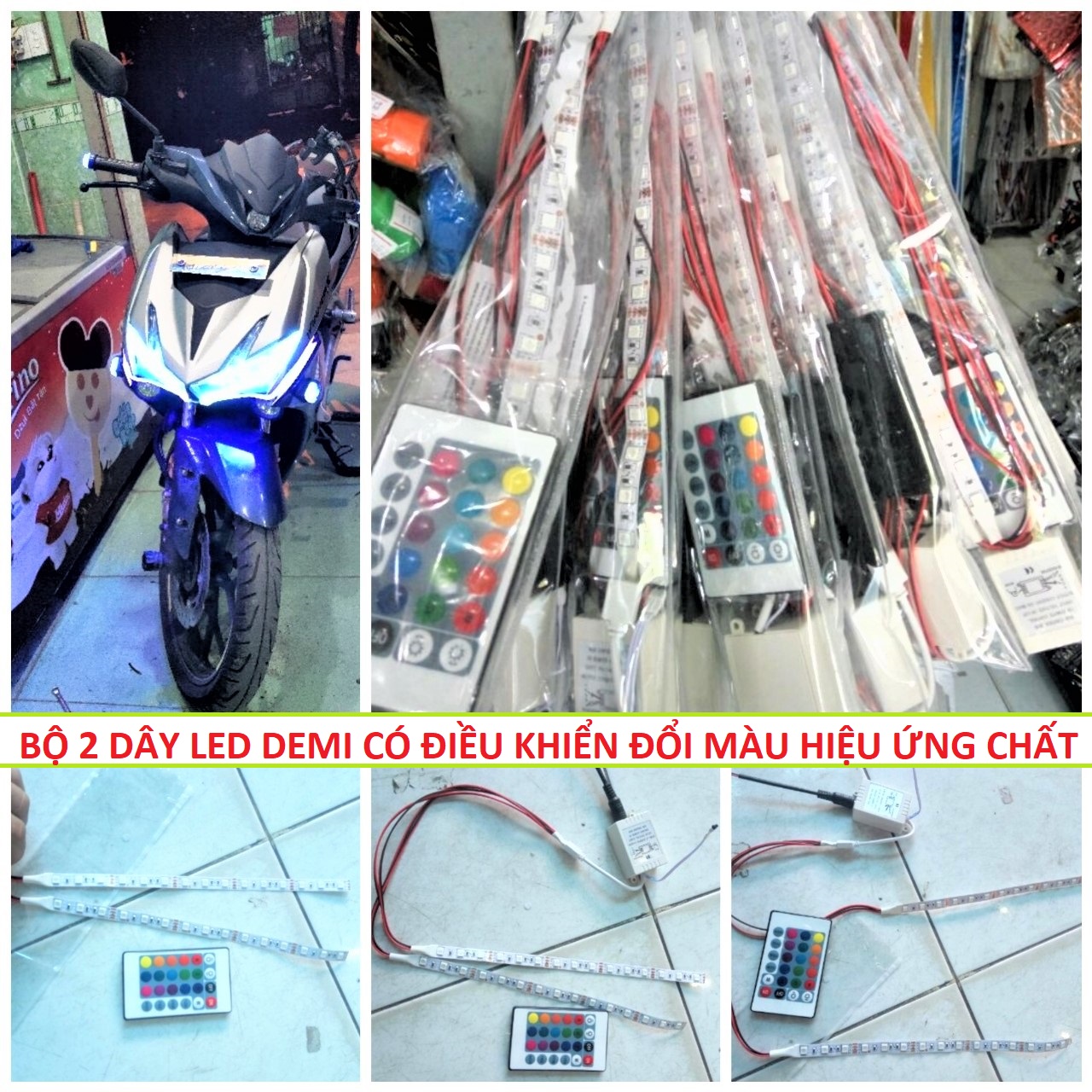 ĐÈN DEMI TRANG TRÍ XE MÁY CÓ ĐIỀU KHIỂN ĐỔI 16 MÀU VÀ HIỆU ỨNG AUDI CHẠY ĐUỔI CỰC ĐẸP , ĐÈN TRANG TRÍ XE MÁY Ô TÔ MẪU Q1, ĐÈN LED ĐỘ XE CỰC CHẤT , PHỤ KIỆN TRANG TRÍ XE MÁY