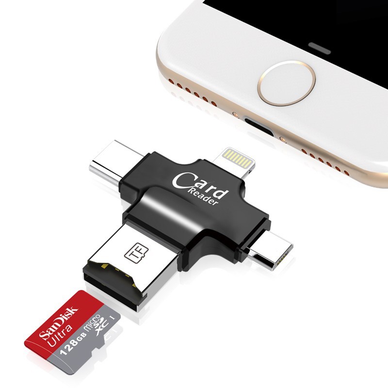 Đầu Đọc Thẻ Nhớ Micro USB Đa Năng cho Smart Phone. iPhone Multiple USB Card Reader, 4 in 1 Micro SD Card Reader with Type C USB Connector OTG HUB Adapter, Lightning connector, TF Flash Memory Card Readers For iPhone iOS, Android USB2.0, Windows