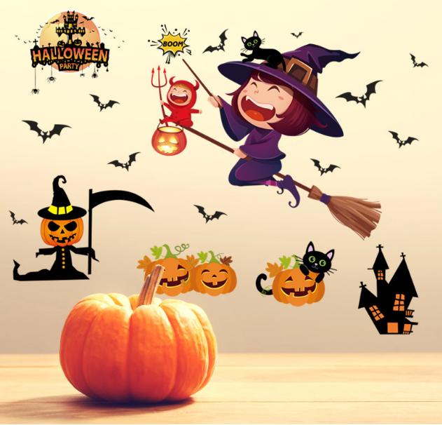 Decal trang trí tường - Lễ Hội Halloween Bé Gái Phù Thủy. Decal in trên chất liệu PVC có keo sẵn ở mặt sau chỉ cần lột ra và dán.