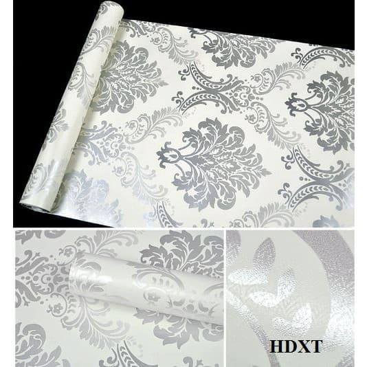 10m giấy dán tường họa tiết châu âu bạc ( cuộn dài 10m, khổ rộng 45cm, giấy có keo sẵn)