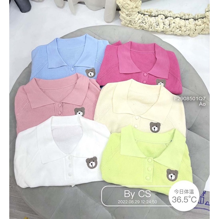 Áo len croptop cổ bẻ tay dài phối gấu