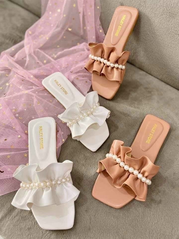 Dép nữ quai ngang nhún bèo dây ngọc siêu hot